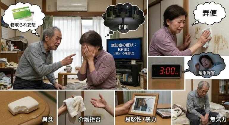 認知症の行動・心理症状（BPSD）の具体例をまとめたコラージュ。物取られ妄想、徘徊、弄便、睡眠障害、異食、介護拒否、易怒性・暴力、無気力の8つのシーンが描かれている。