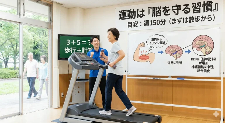 トレッドミルで運動する高齢女性とスタッフ。背景には、筋肉から分泌されるイリシンが海馬に届き、BDNF（脳の肥料）を増やして神経細胞を活性化させる仕組みが図解されている。
