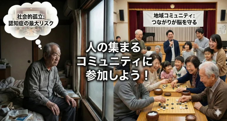 左側に一人で部屋に座り込む高齢男性、右側に地域コミュニティで囲碁を楽しみ笑顔で交流する多世代の人々。社会的孤立が認知症のリスクであり、つながりが脳を守ることを示す比較画像。