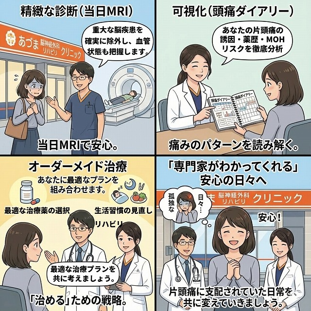 あづま脳神経外科の片頭痛診療:当日MRI→頭痛ダイアリー→オーダーメイド治療