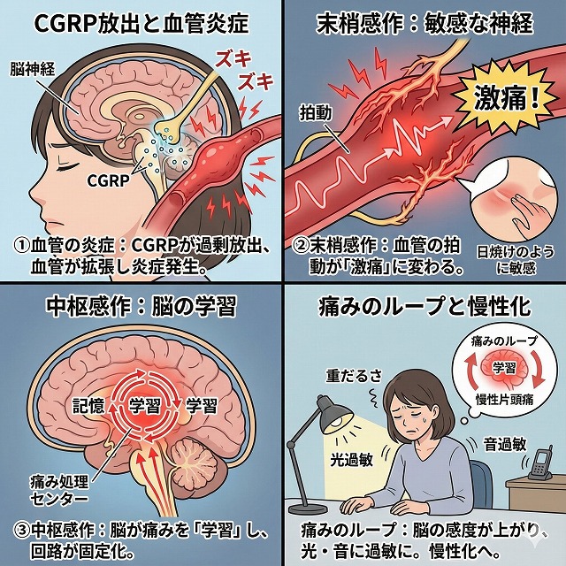 片頭痛の発生メカニズム:CGRP放出→血管炎症→末梢感作→中枢感作
