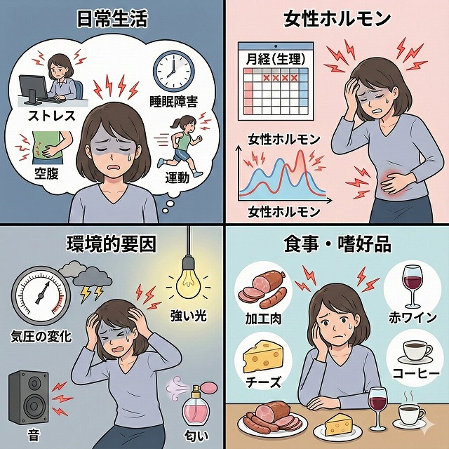 片頭痛の誘因(きっかけ):女性ホルモン、ストレス、環境要因、生活習慣、食品