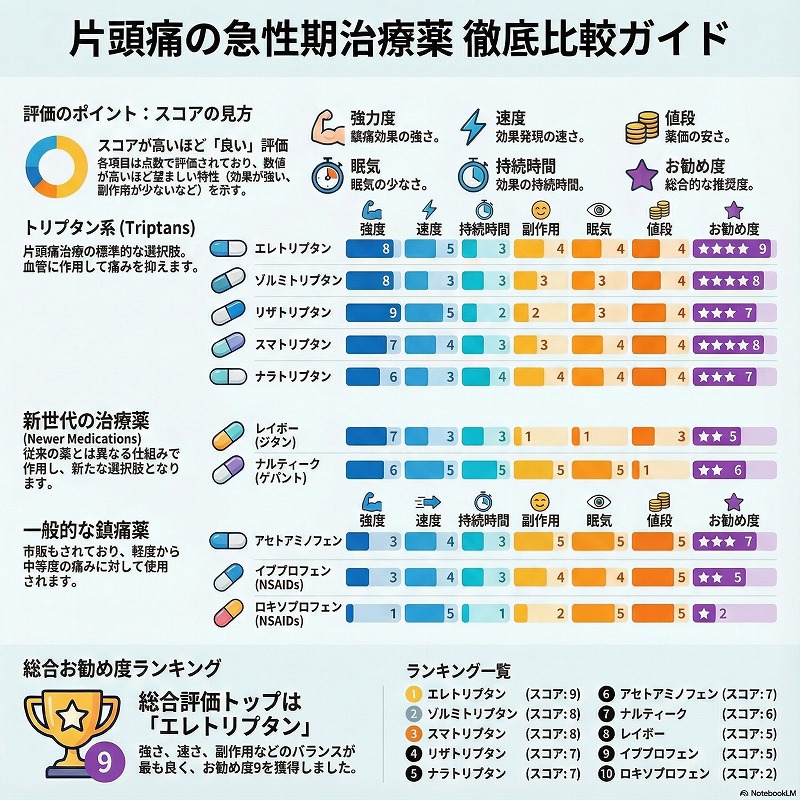 片頭痛の急性期治療薬比較:トリプタン5種類とナルティーク・レイボーの効果と副作用