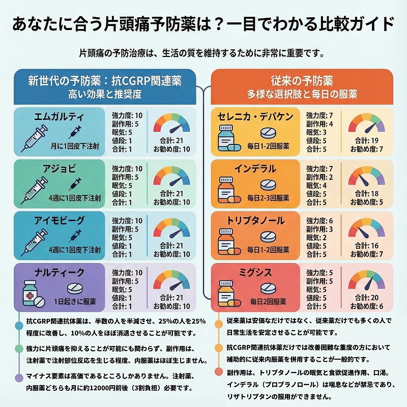 片頭痛の予防治療薬比較:エムガルティ・アジョビ・アイモビーグ・ナルティークなどのCGRP関連薬と従来治療薬の比較