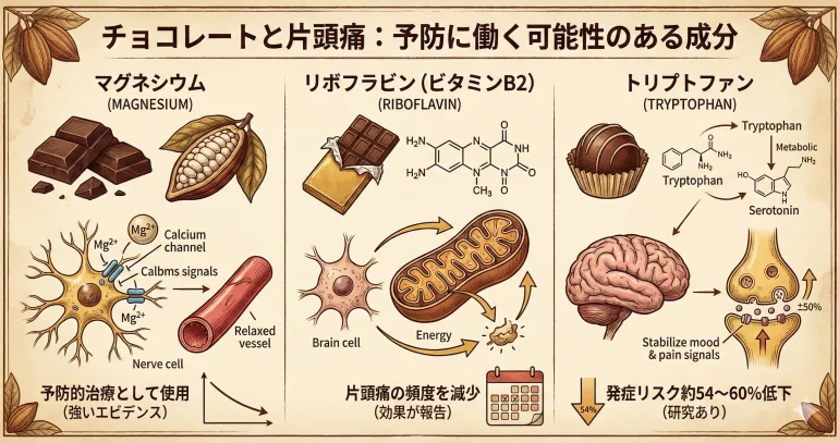 チョコレートと片頭痛：原因と考えられる成分。3つのセクションに分かれたインフォグラフィック。左は「フラバノール（FLAVANOLS）」で、カカオ豆と化学構造式、下に「NO（一酸化窒素）」「血管拡張（※役割は疑問視も）」「一酸化窒素（NO）産生促進」を示す血管の図。中央は「セロトニンとトリプトファン（SEROTONIN & TRYPTOPHAN）」で、板チョコと化学構造式、下に「セロトニン」「セロトニン濃度上昇（理論的可能性、未確認）」を示す神経シナプスの図。右は「フェニルエチルアミン（PEA）」で、チョコレートトリュフと化学構造式、下に「脳血流・酸素消費量影響」「片頭痛類似の血管イベント（動物実験）」を示す脳と血管の図。