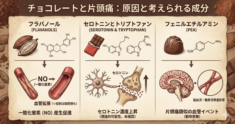 チョコレートと片頭痛：予防に働く可能性のある成分。3つのセクションに分かれたインフォグラフィック。左は「マグネシウム（MAGNESIUM）」で、ダークチョコレートとカカオポッド、神経細胞と血管の図。下に「予防的治療として使用（強いエビデンス）」と頻度減少のグラフ。中央は「リボフラビン（ビタミンB2）（RIBOFLAVIN）」で、チョコレートバーと化学構造式、脳細胞内のミトコンドリアとエネルギー産生の図。下に「片頭痛の頻度を減少（効果が報告）」とカレンダー。右は「トリプトファン（TRYPTOPHAN）」で、チョコレートトリュフとセロトニンへの代謝経路、脳と神経シナプスの図。下に「発症リスク約54～60％低下（研究あり）」と低下を示す矢印。