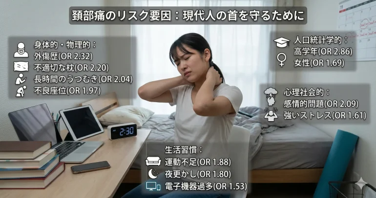 首の痛み(頚部痛)に関連する11のリスク要因をまとめたインフォグラフィック。首を押さえて悩む女性の背景に、外傷歴、不適切な枕、長時間のうつむき、ストレス、運動不足などの項目と、それぞれのオッズ比(OR)が記載されています。