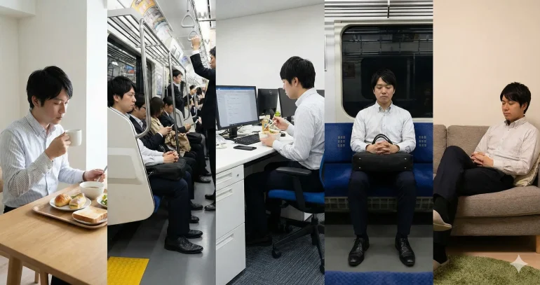 朝食、通勤電車、デスクワーク、昼食、帰宅後のソファなど、一日を通して座り続けている男性の日常を並べた比較画像