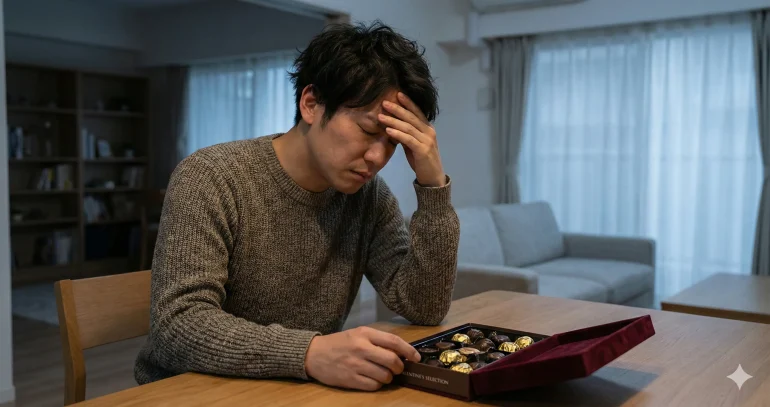 バレンタインのチョコレートを食べて片頭痛で頭を抱えるイケメン男性。背景には高級そうなチョコの箱。