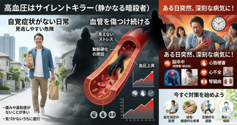 高血圧が「サイレントキラー(静かなる暗殺者)」と呼ばれる理由と、引き起こされる深刻な疾患リスク、予防対策をまとめた図解