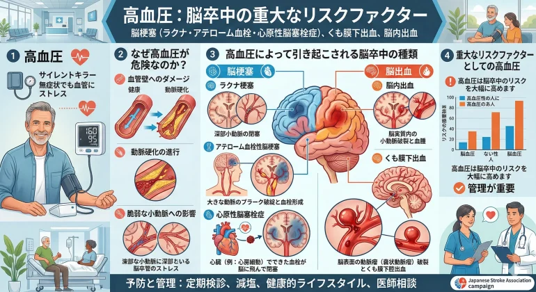 高血圧が引き起こす脳卒中の種類(脳梗塞、くも膜下出血、脳内出血)とその危険性を解説した図解