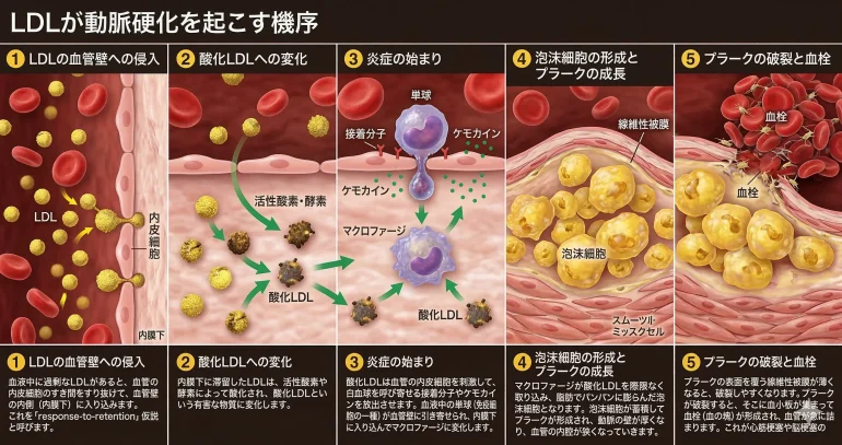 LDLが動脈硬化を起こす5つの機序(血管壁への侵入、酸化LDLへの変化、炎症の始まり、泡沫細胞とプラークの形成、プラークの破裂と血栓)の図解