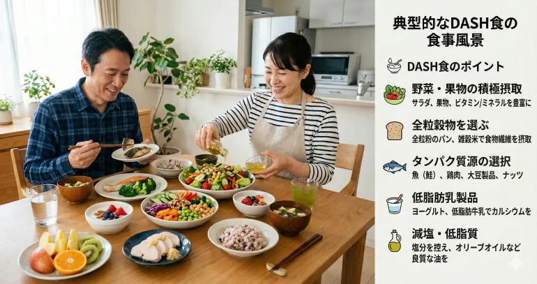 夫婦で楽しむ典型的なDASH食の食事風景と、5つの基本ポイント(野菜・果物の積極摂取、全粒穀物を選ぶ、タンパク質源の選択、低脂肪乳製品、減塩・低脂質)をまとめた画像